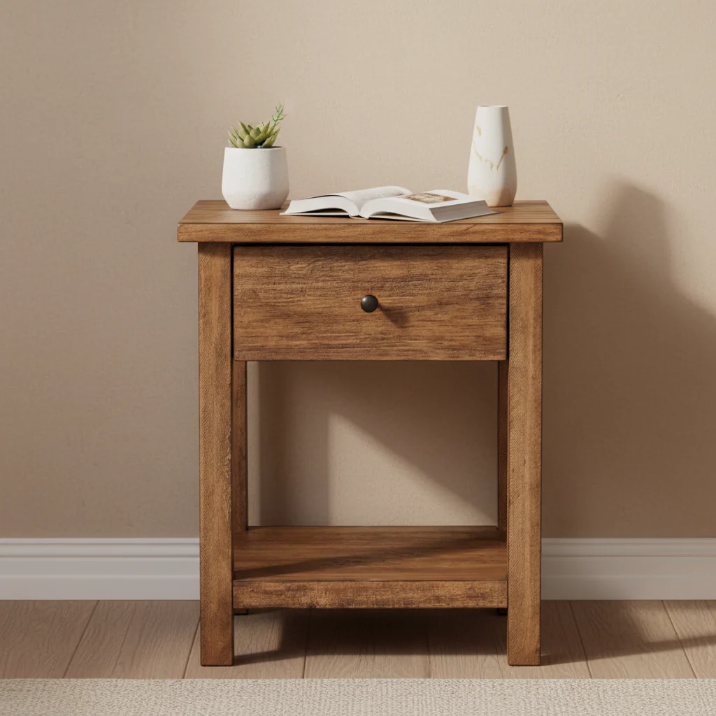 End Table 20 Square 1 Drawer 1 Shelf Distressed Brown Wood Farmhouse 300 LBS