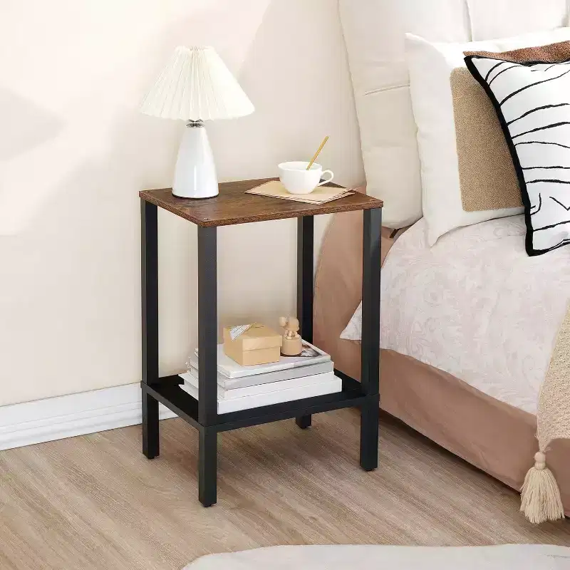 ACOINEL 2-Tier Small Side Table with Faux Rattan Decoration, Rustic Brown & Black Nightstand for Living Room/Bedroom, Space-Saving