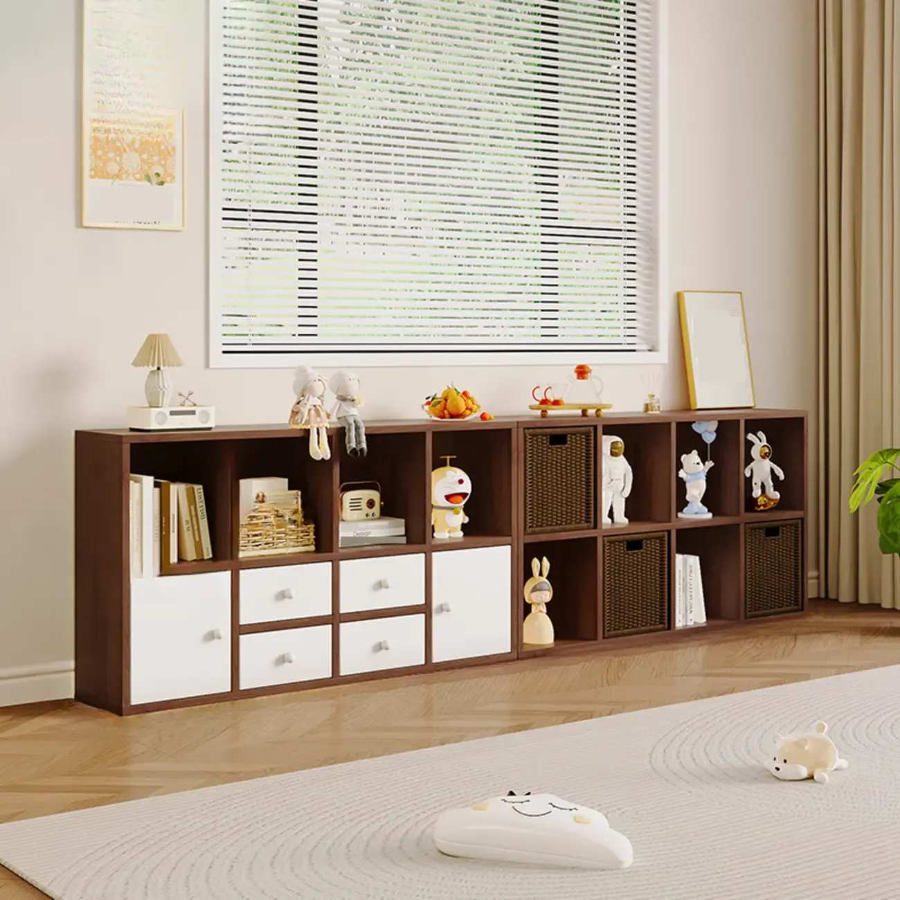 Horizontal Wood Nut-Brown Cube Bookcase with Drawers