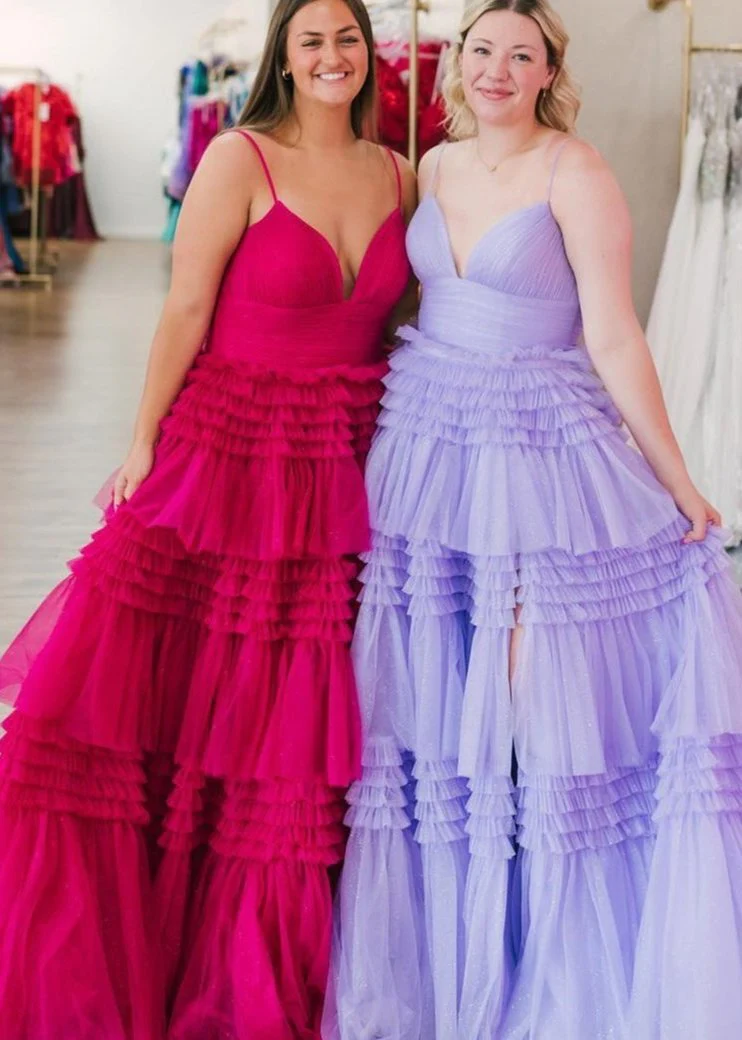 A-Line Spaghetti Straps Long Tiered Tulle Prom Dress With Split