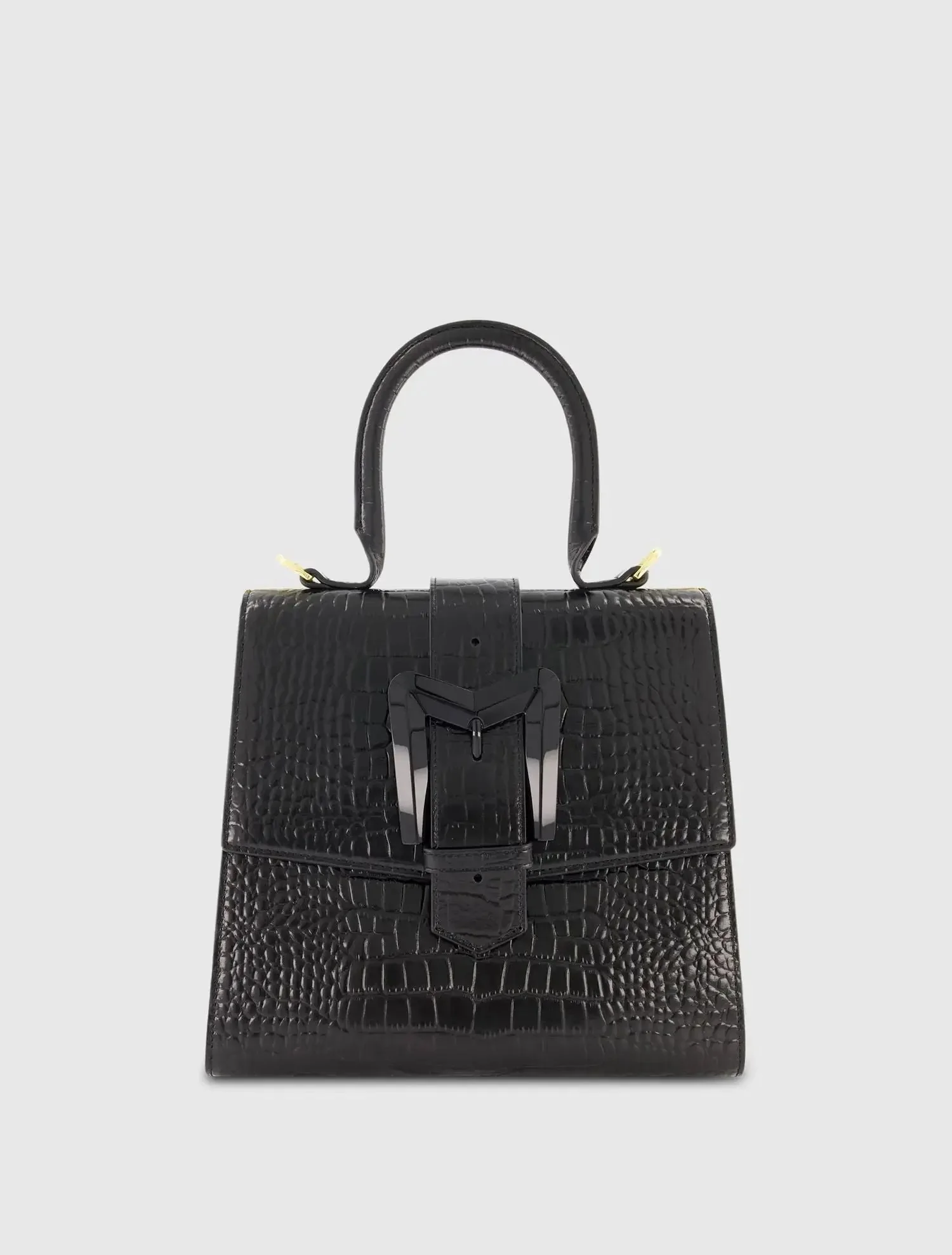 Buckled Medium Croco Leather Handbag with Detachable Strap