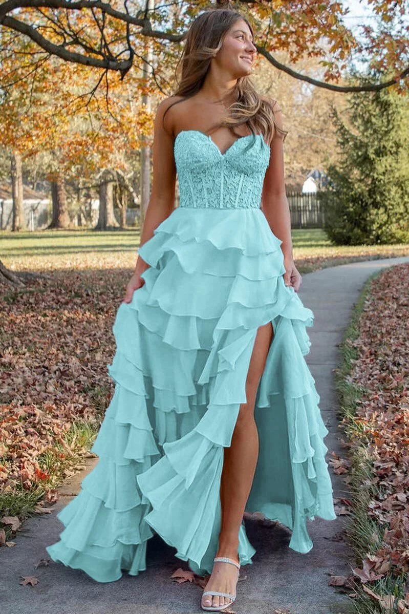 Royal Blue Chiffon Sweetheart Ruffle Tiered Long Prom Dress