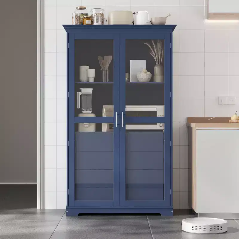 TOPMAX 44.7x20x75inch Kitchen Pantry, Freestanding Kitchen Storage Cabinet Display Cabinet with Glass Doors and 4 Built-in Drawers for Living Room