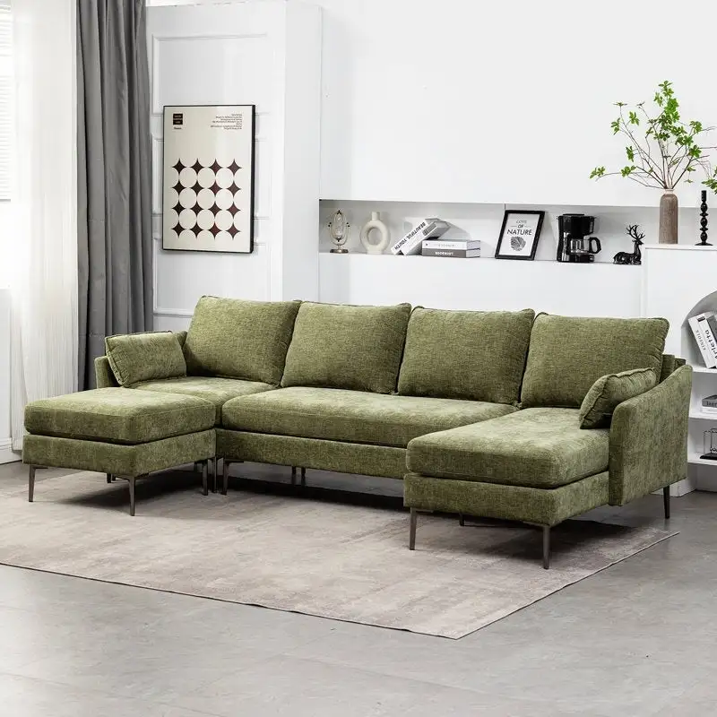 U-Shaped 6-Seat Sectional Sofa, Reversible Sleeper in Modern Chenille Design, with Chaise Lounge and Ottoman