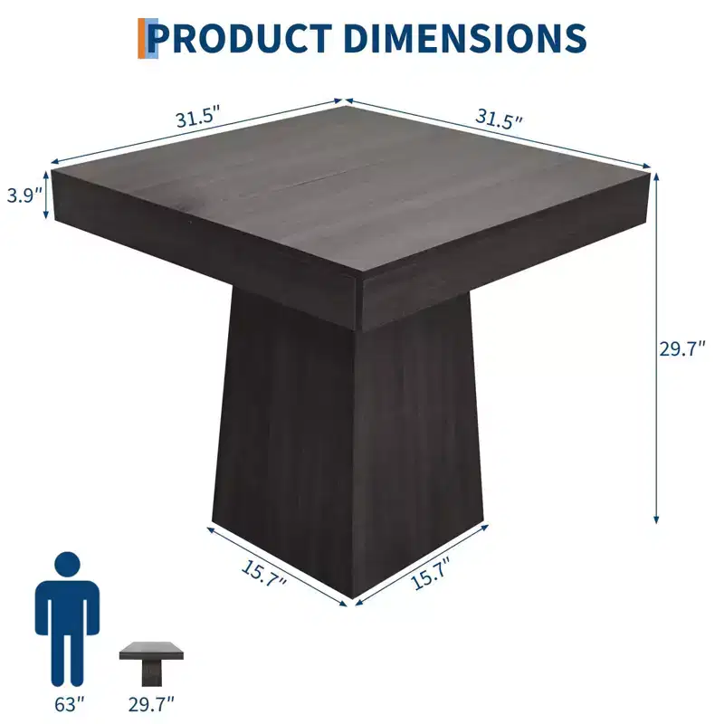 Square Dining Table for 4, 31.5 Farmhouse Dinner Table, Small Dining Room Tables, Wooden Kitchen Tables with Pedestal Base for Kitchen, Living Room