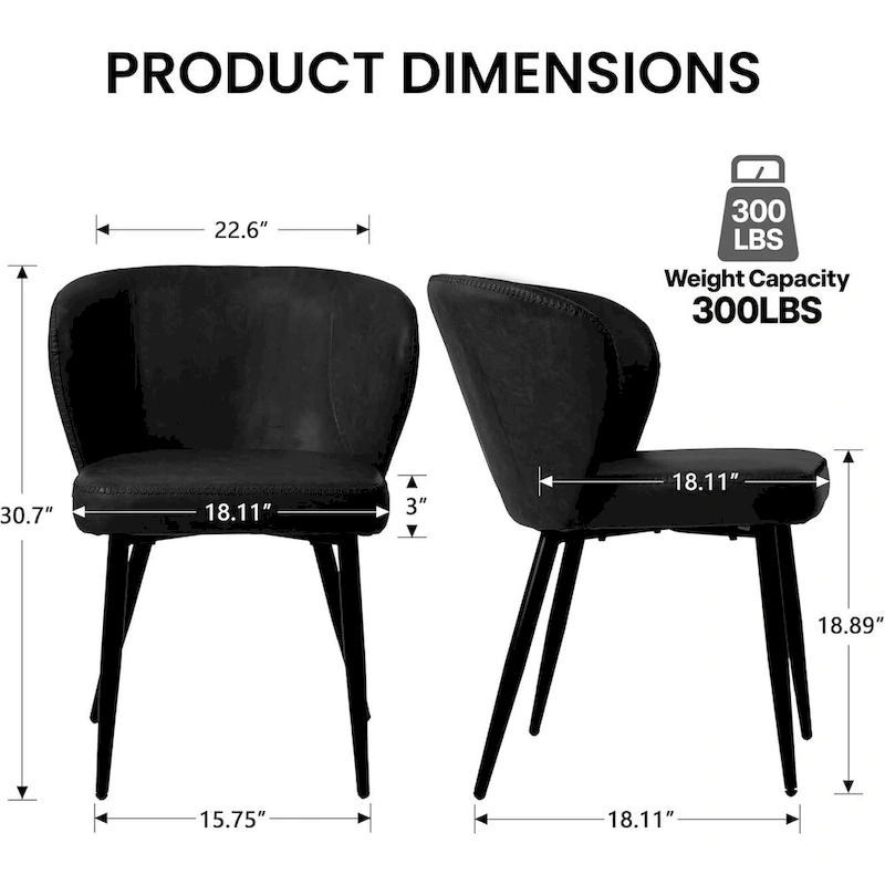 Upholstered Kitchen Chairs with Faux Leather Cushion Seat and Metal Legs, Mid Century, Black,Set of 2