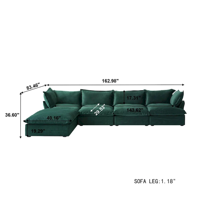 Cloud Sectional Sofa, 5-Seater Down Feather Modular Sofa L-shaped Velvet Wide Deep Seat Convertible Couch.