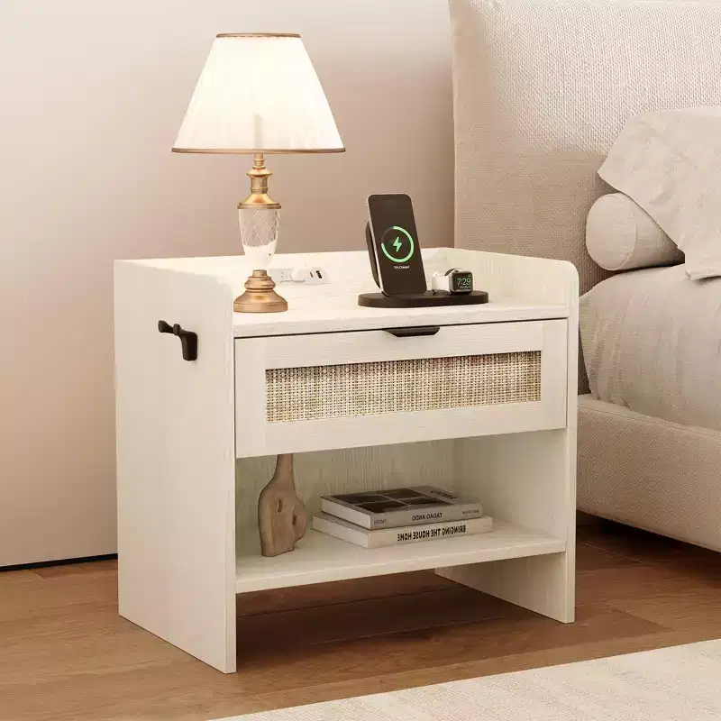 Rattan Nightstand, Bedside Table with Type-C Charging Station, Storage Drawer & Open Storage Space, Boho Side Table for Bedroom Living Room Office