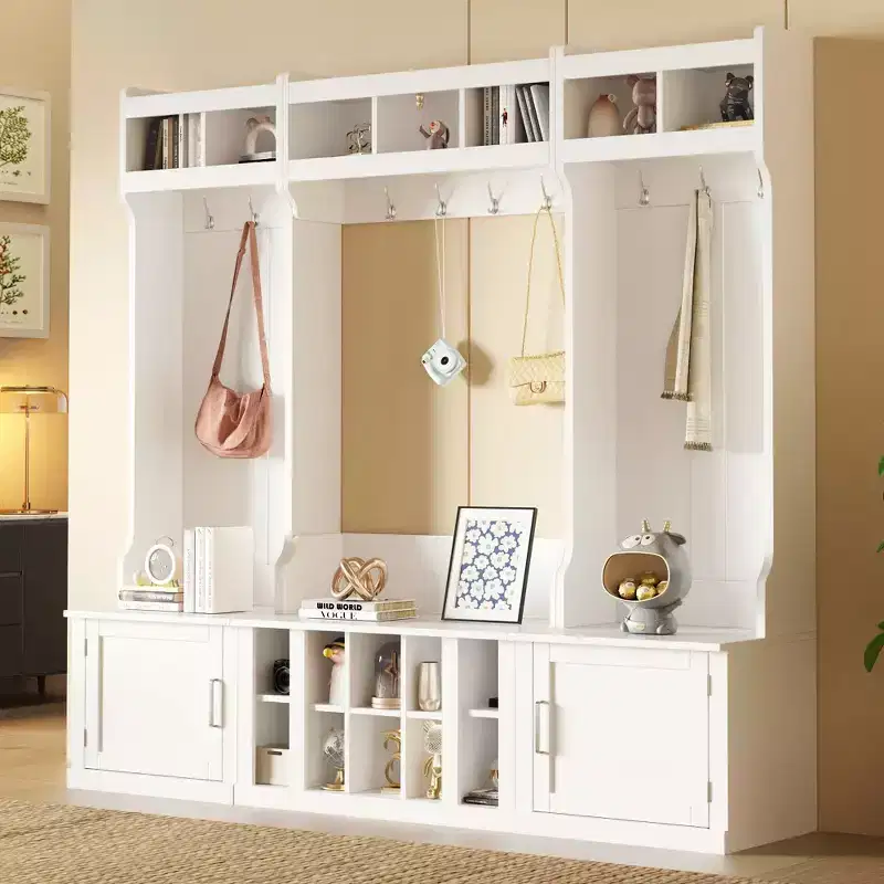 Okak 4-IN-1 Wide Hall Tree with Entryway Bench and Shoe Cubbies, Coat Rack with Sotrage Shelves and 10 Hooks, Coat Tree for Hallway, White