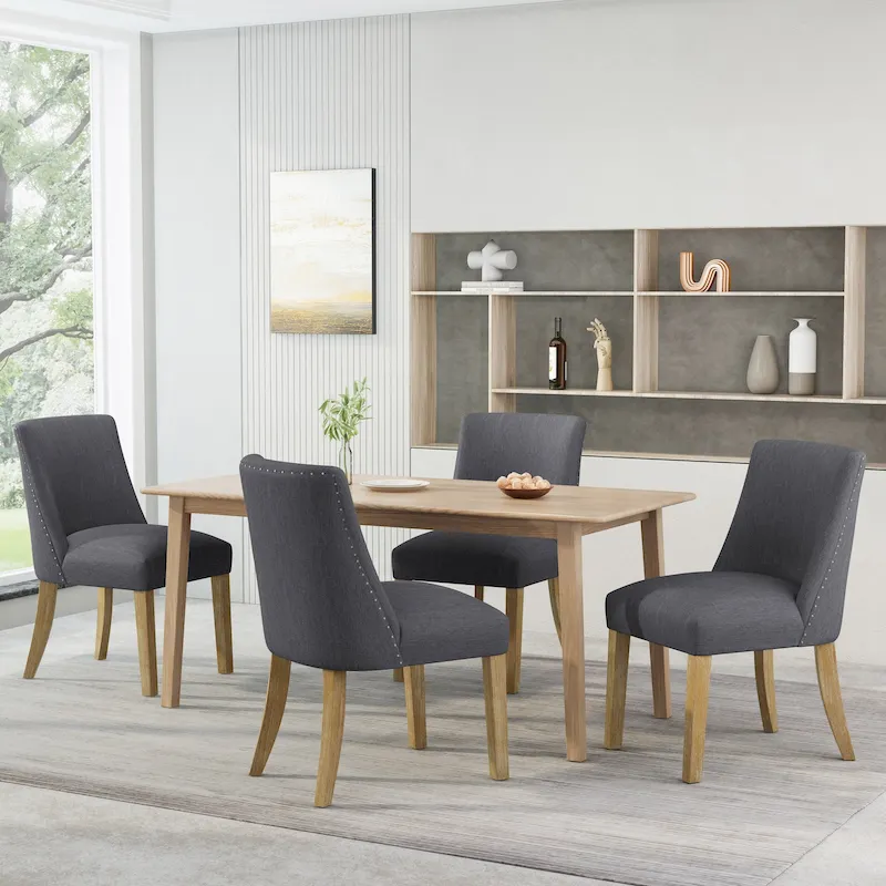 Upholstered Dining Chair, Nailhead Trim, Tapered Wood Legs, Set of 4 – Natural + Charcoal/Beige/White+Blue