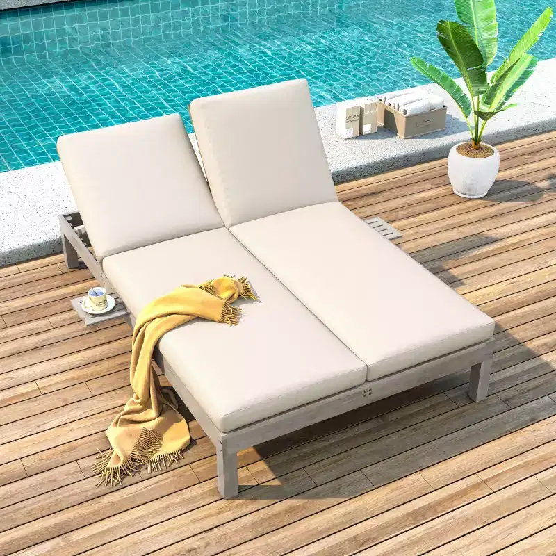 Outdoor Double Chaise Lounge with Adjustable Backrest, Patio Lounge Chair for 2 with Cushions for Poolside, Garden, or Deck-Panipeachy