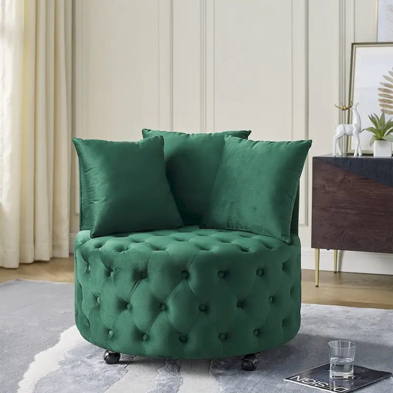 Living Room Velvet Swivel Chair with Button Tufted Design, 3 Pillows & Movable Wheels