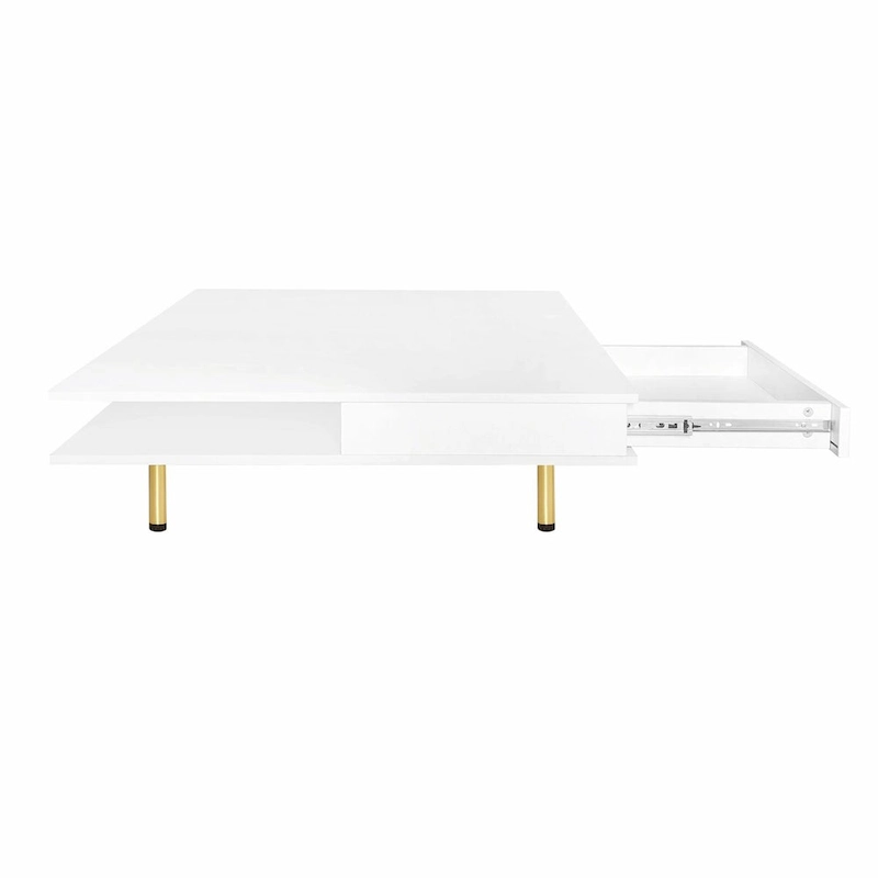 High Gloss Coffee Table: 4 Golden Legs, 2 Drawers, 2-Tier Square Design
