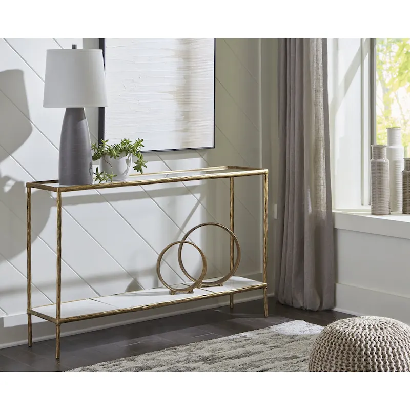 Glass Top Console Sofa Table with Marble Shelf