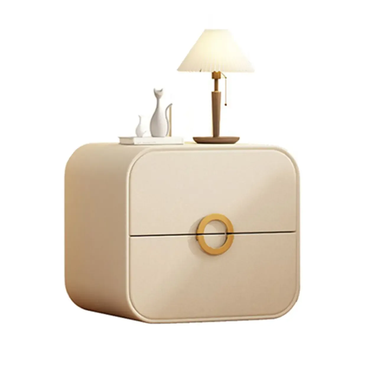 Modern Faux Leather Gold Ring Handle Nightstand with 2 Drawers