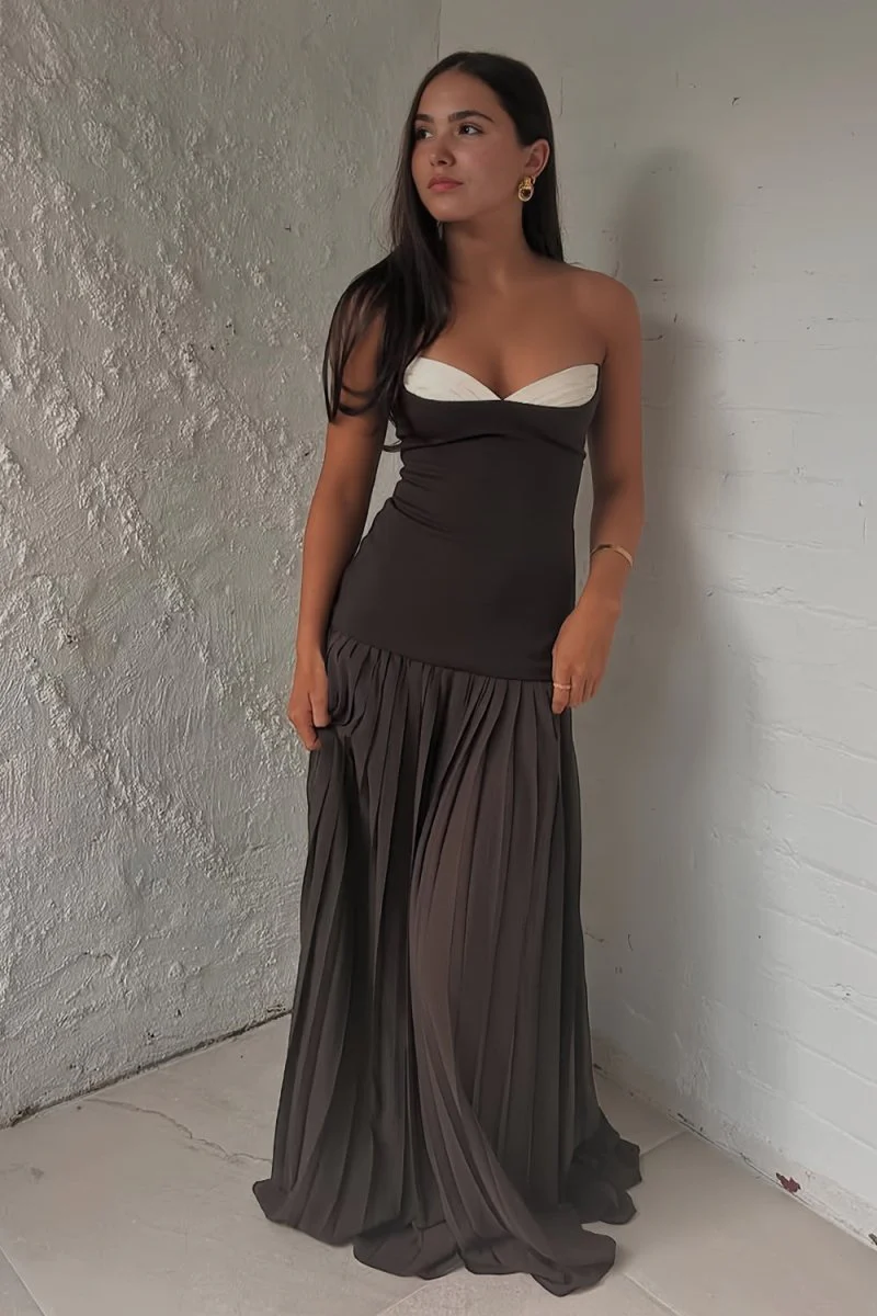 Blue Strapless Sheath Chiffon Pleated Long Prom Dresses