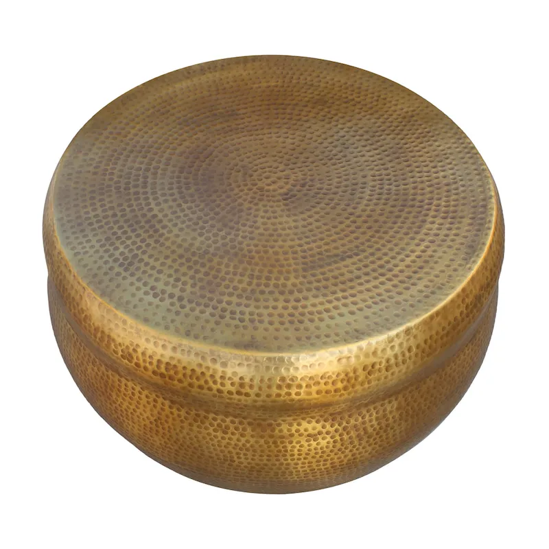 32 Inch Artisanal Round Drum Coffee Table, Hammered Embossed Texturing, Aluminum, Antique Brass