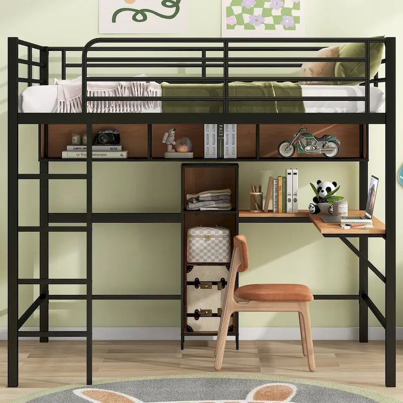 Full Size Loft Bed with L Shaped Desk and Storage Shelves, Metal Full Loft Bed with High Guardrail and Ladder