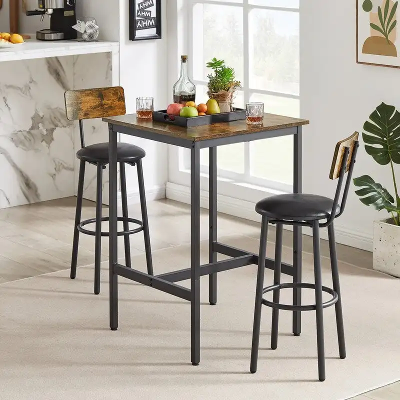 Eureka Industrial Bar Table Set, 3-Piece Dining Table and PU Upholstered Stools Set, Small Counter Height Pub Bistro Table Set