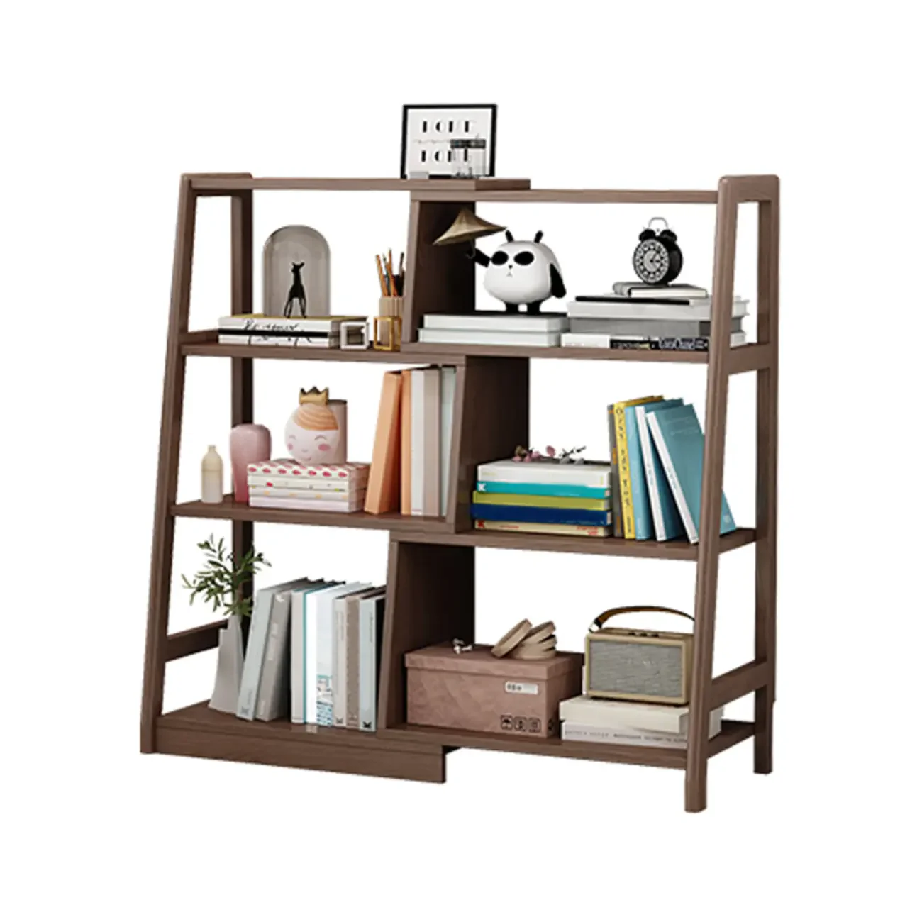 5-Tier Walnut Wooden Open Ladder Bookshelf