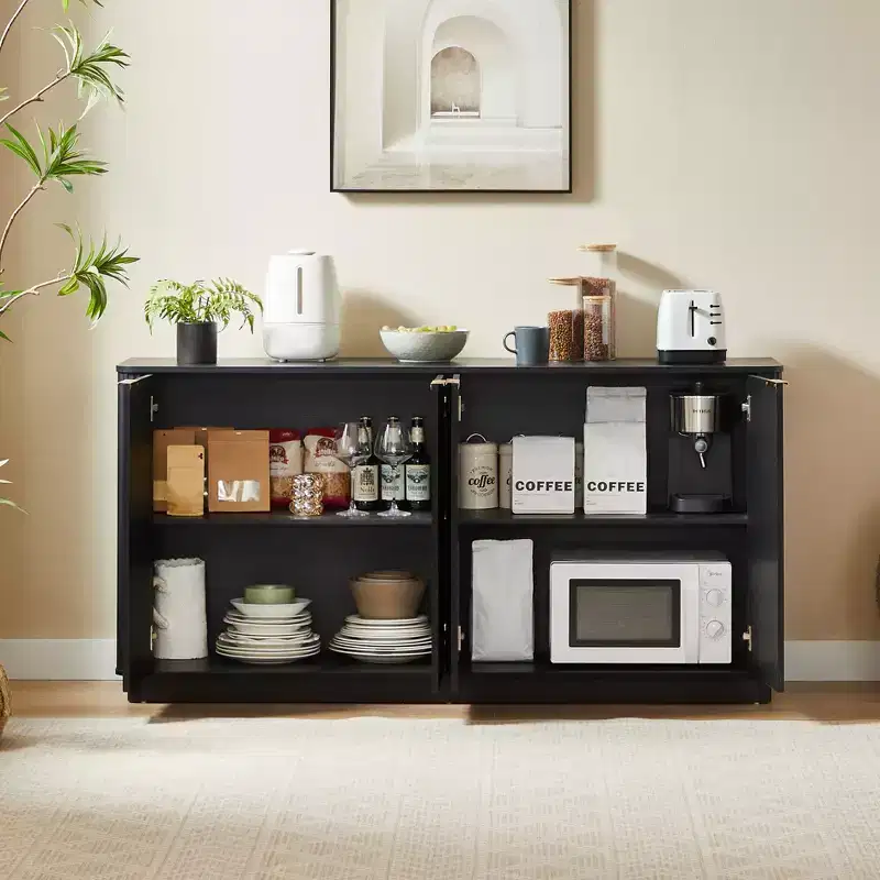 JVNOXK 63 Vertical Stripe Buffet Cabinet Sideboard with Storage, Curved Wave Design TV Stand for Living Room Bedroom Hallway, Black