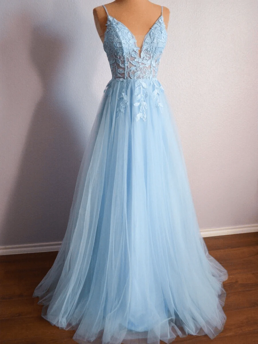 Light Blue V Neck Lace-Up Appliques Tulle Long Prom Dress