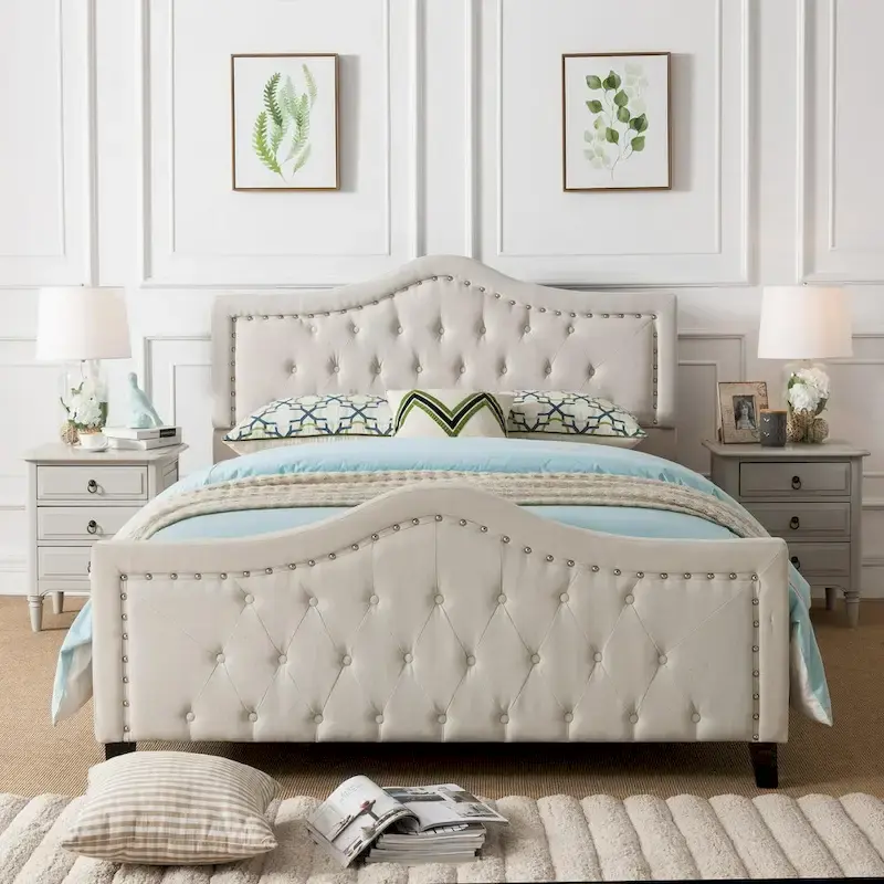 Ivory Queen Platform Bed, Arched Tufted Headboard & Footboard, Rivet Accents, Sleeps 2