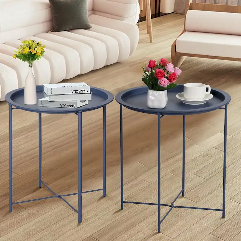 Folding Round TV Tray Tables, Small Round Steel Side Table, No Assembly Required - 18.5 x 18.5 x 19.7 in
