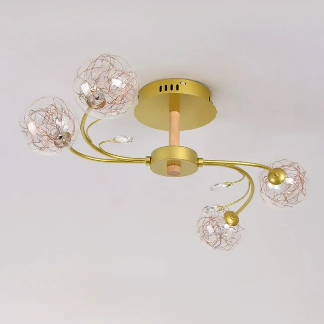 Crystal Globe Shade Gold Semi Flush Mount Light 3-Gear Dimming