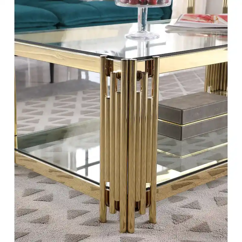 48  Wide Rectangular Coffee Table with Glass Top, Stainless Steel Double-Layer Coffee Table