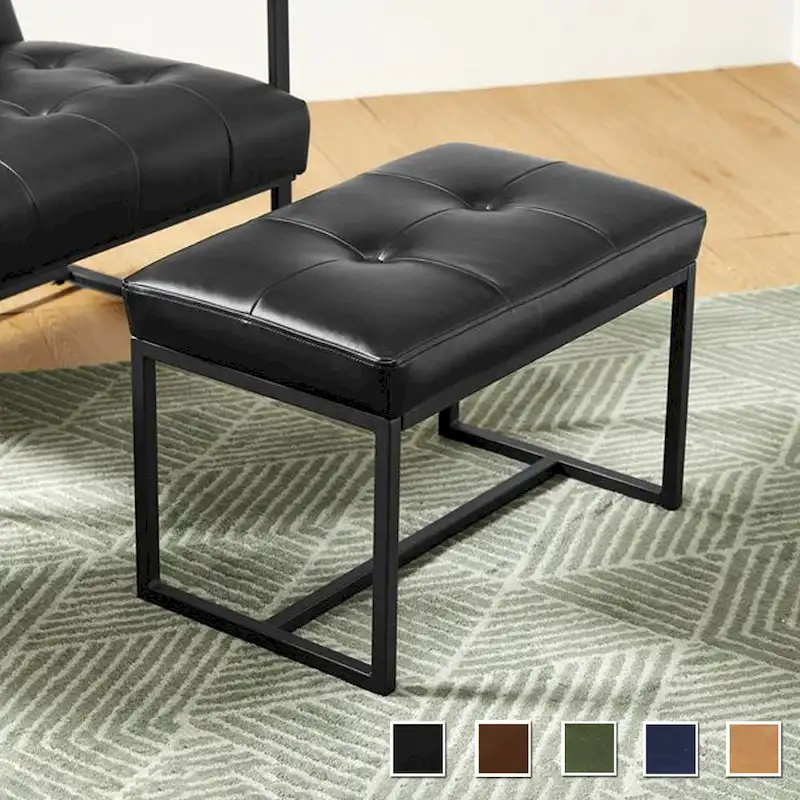 Button-Tufted Ottoman Foot Stool, Faux Leather, Single Seat – Black / Brown / Hunter Green / Navy Blue / Camel