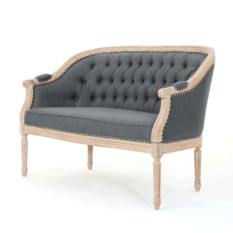 Button-Tufted Upholstered Loveseat with Scrolled Arms and Nailhead Trim