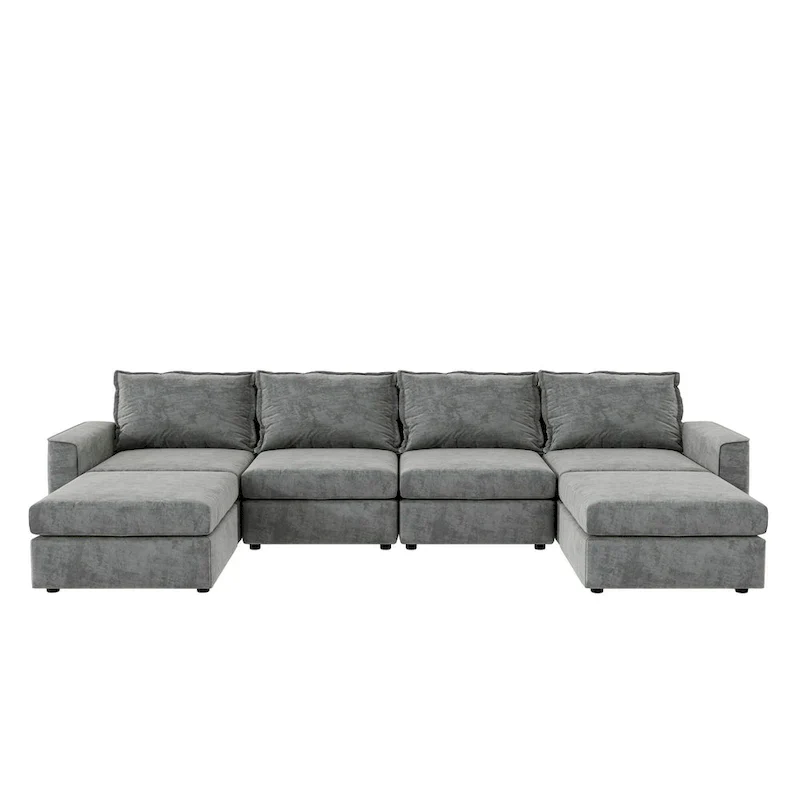 Grey 115 Convertible U-Shaped 6-Seat Modular Sectional Sofa with Ottoman, Customizable Fabric, and Tilting Armrests