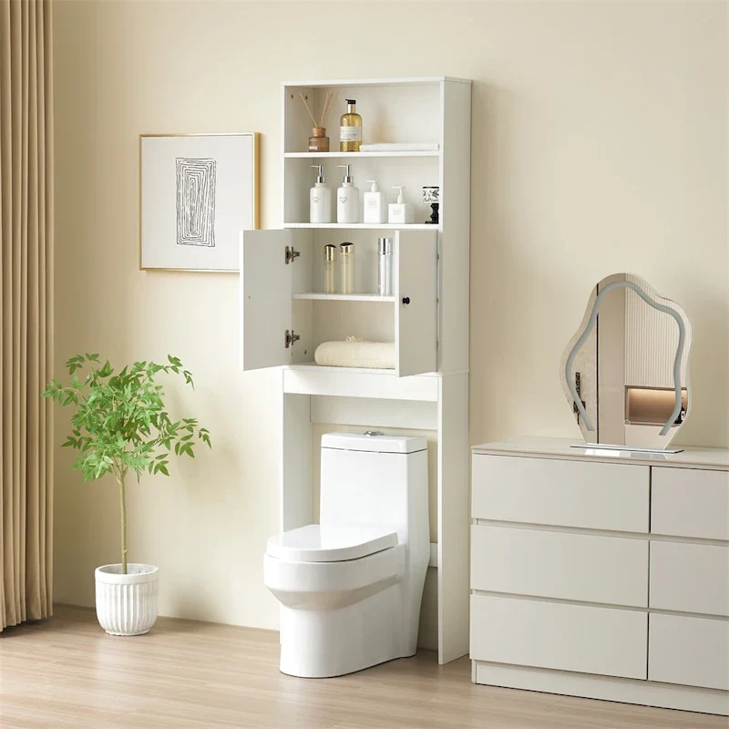 Over-the-Toilet Storage Cabinet with Barn Doors and Open Shelves