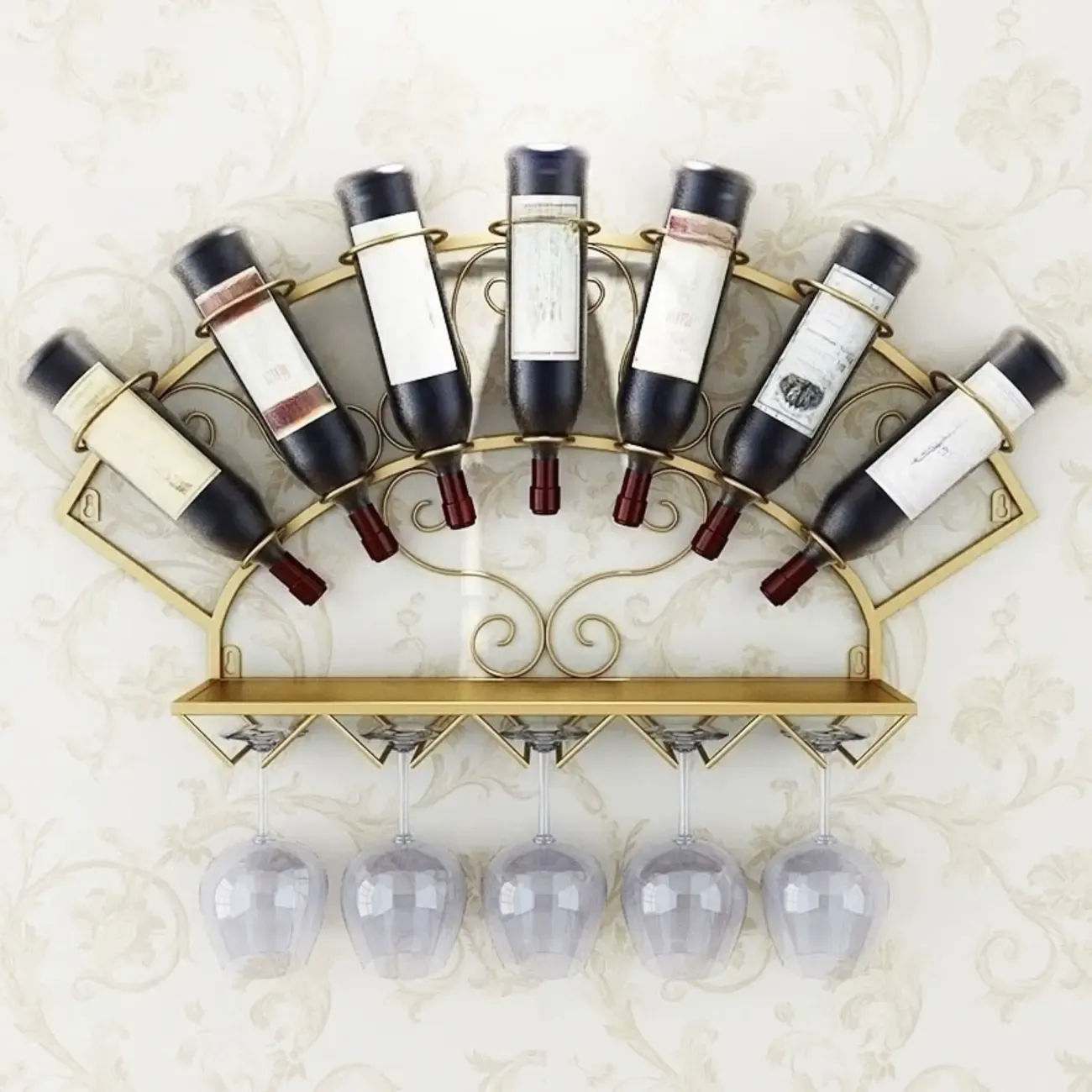 Fan-shaped Simple Metal Wall-Mounted Wine Bottle & Glass Rack