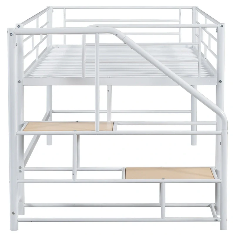 White Twin Metal Mid Loft Bed with Storage Stairs | Space-Saving Design