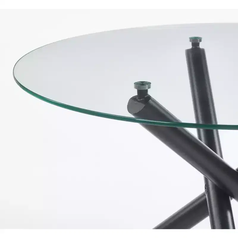 Black Dining Table with Metal Leg and Glass Top, 110x110x75cm, Modern Space-Saving Design for Kitchen or Living Room