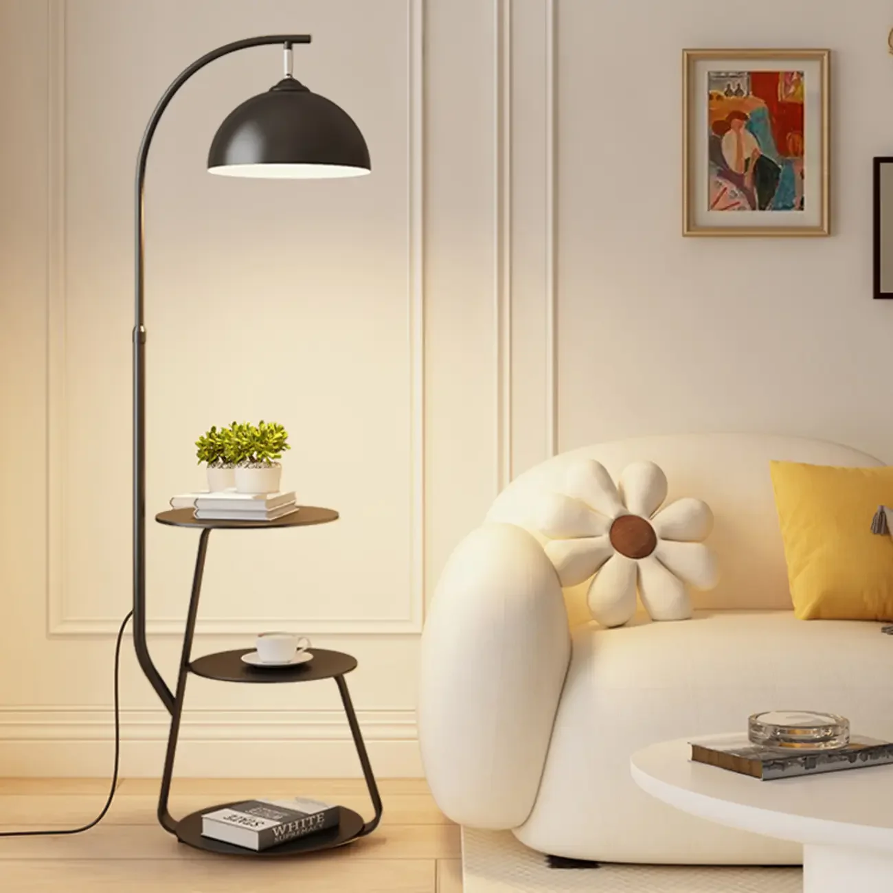 Arc Modern Cream Iron Bowl Floor Lamp with Shelf