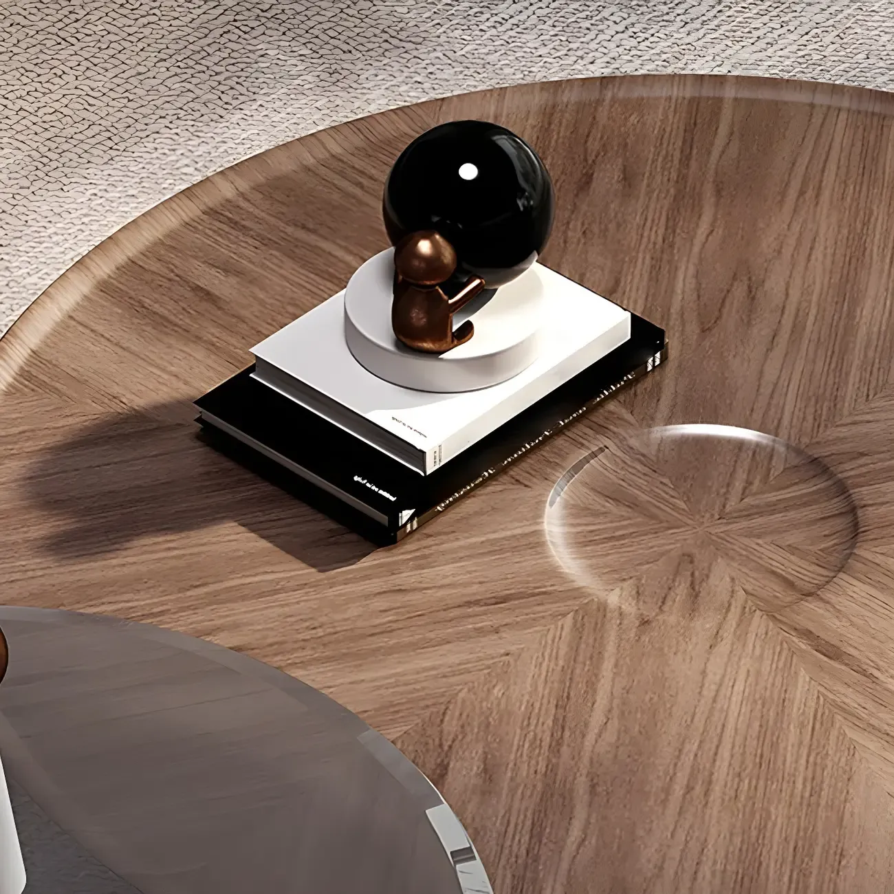 Brown Round Metal Base Wooden Coffee Table