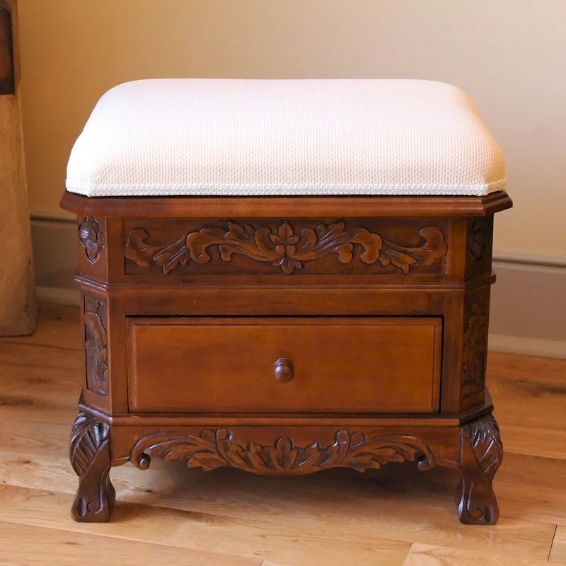 Walnut Hand-Carved Solid Wood Vanity Stool with Upholstered Top & Storage Drawer - Single Use