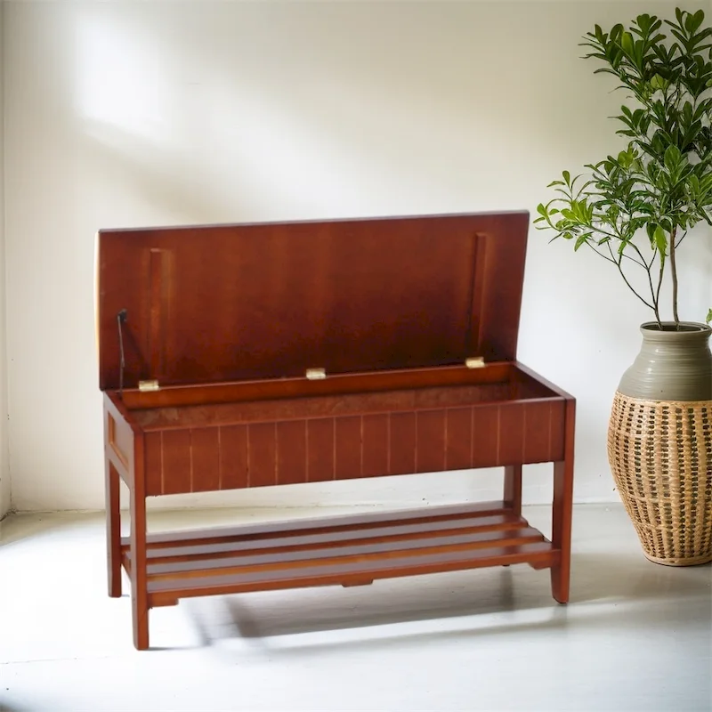 Natural Wood Shoe Bench with Storage - Slat Design