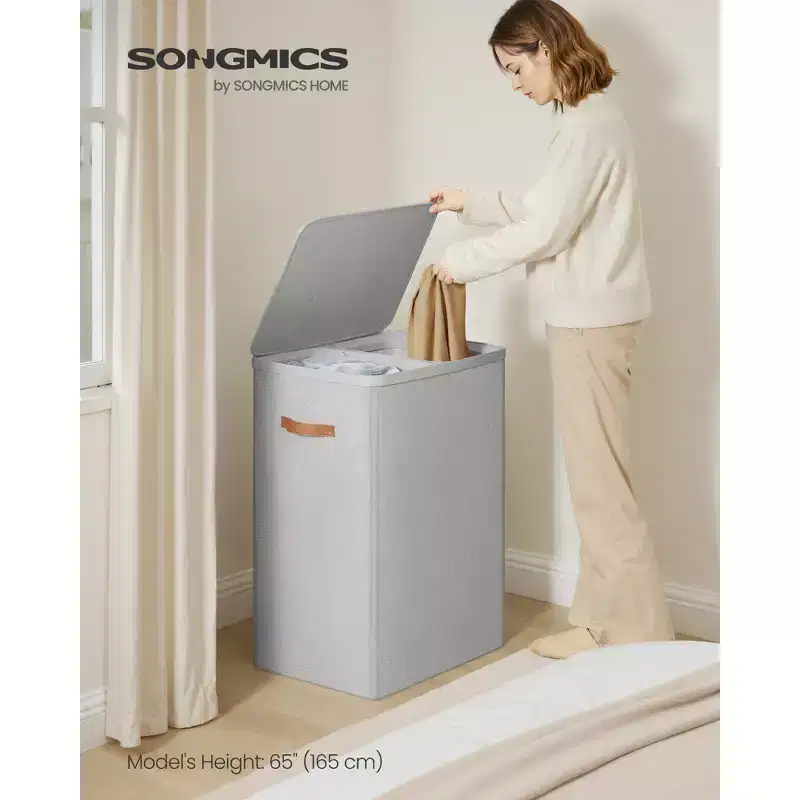 44.9 Gal Large Laundry Hamper with Lid, 2 Compartment Dirty Clothes Basket, Removable Inner Bags & Handles, 22x15.7x29.5 Inches