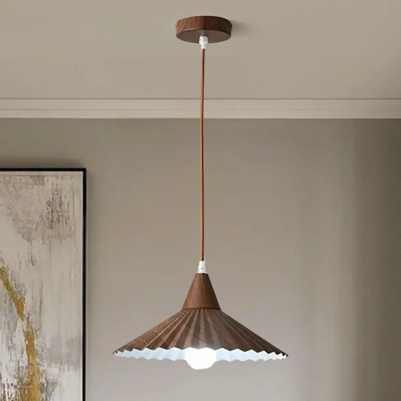 Modern Walnut Pleated Cone Pendant Light