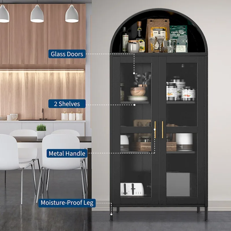 73 in Tall Metal Arched Cabinet, Modern Arch Kitchen Pantry Storage Cabinet with Glass Doors and 2 Adjustable Shelves