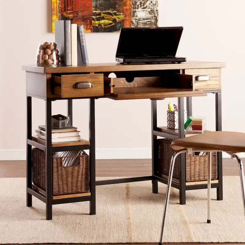 Black & Oak Farmhouse Writing Desk with Storage, 1-Person