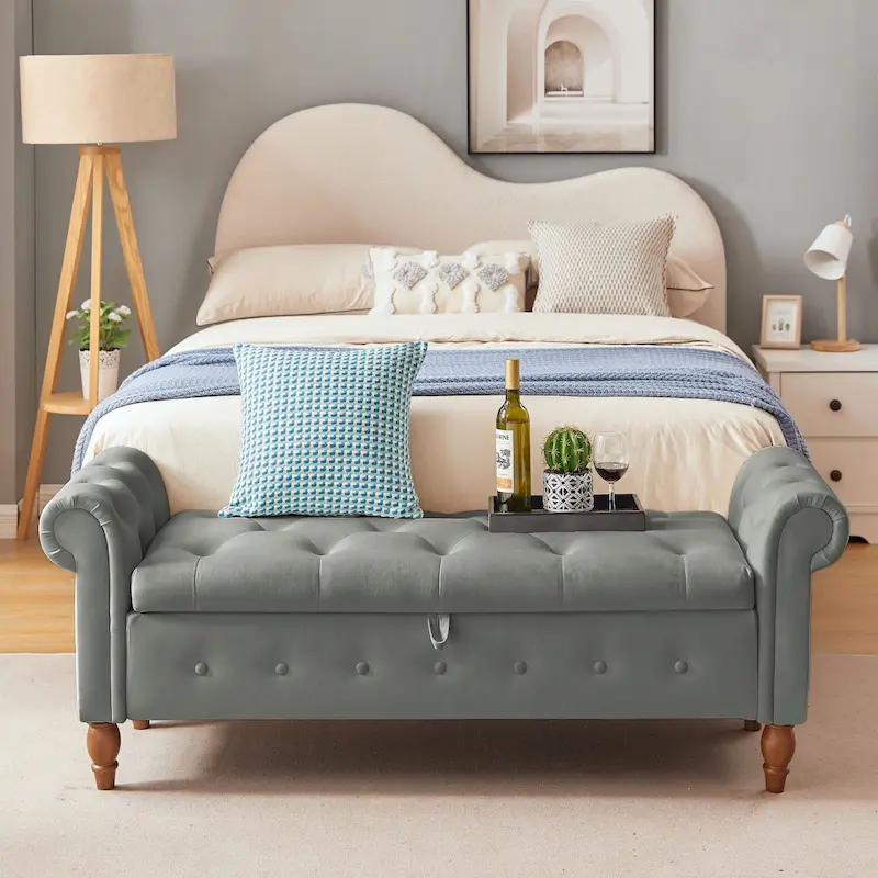Grey / Beige Button-Tufted Storage Ottoman Bench with Rolled Arms, Contemporary Style, 1-Person