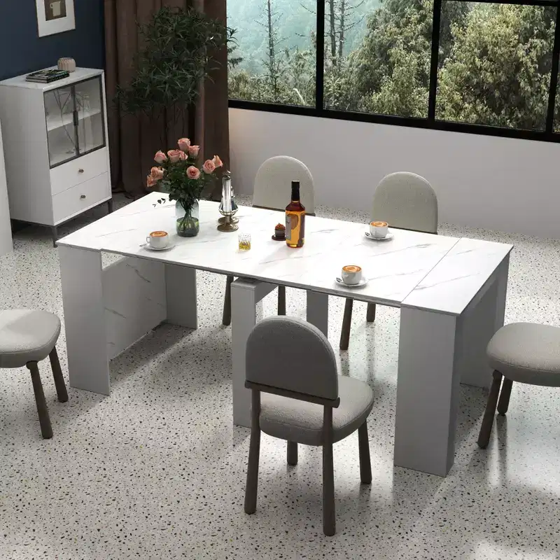 Okak 118IN Modern Extendable Dining Table with Marbal Painting, Folding Table Set for 6 Persons, Kitchen Table for Living Room, Dining Room, White