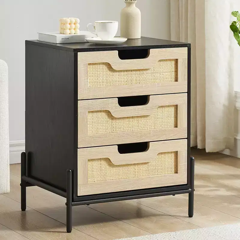 Natural/Black Rattan Nightstand Set of 2 C Boho 3-Drawer Bedside Cabinets for Bedroom/Living Room