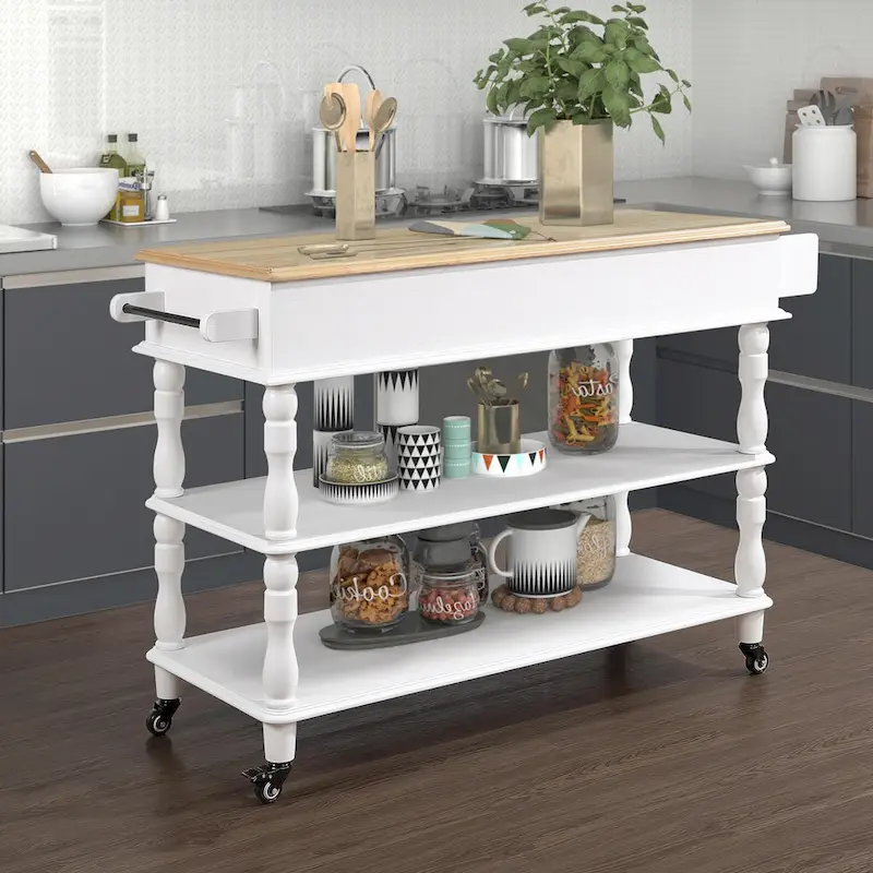Rolling Kitchen Island Cart with Solid Oak Wood Top, Wine and Spice Rack