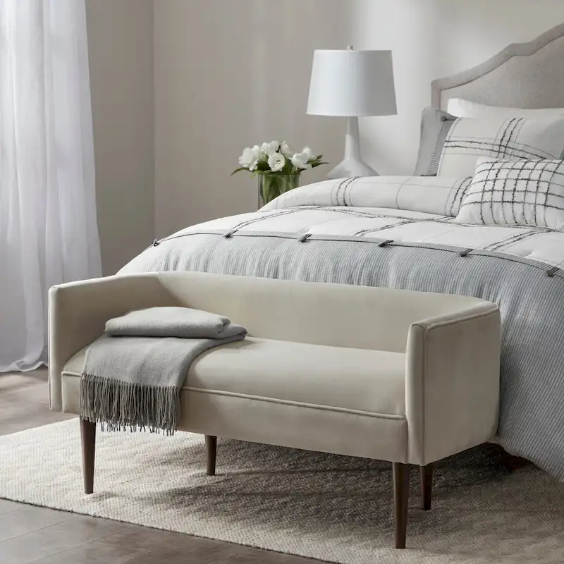 Cream Velvet Low-Back Accent Bench with Dark Brown Solid Wood Legs – Seats 2